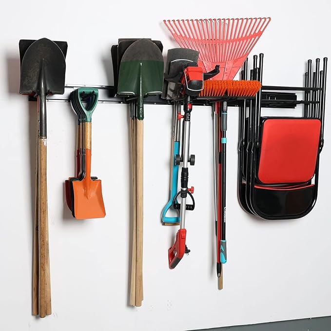 Wallmaster Garage Storage Organization Wall Mount, Garden Tool Rack Organizer Heavy Duty Folding Chair Hangers with 12 Adjustable Hooks 96inch Tracks Max Load 900lb