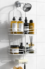 Over Head Shower Caddy - Bathroom Shower Organizer with Soap Holder & 6 Hooks for Towels, White, 76L Capacity, Hanging Mount, Rust Resistant