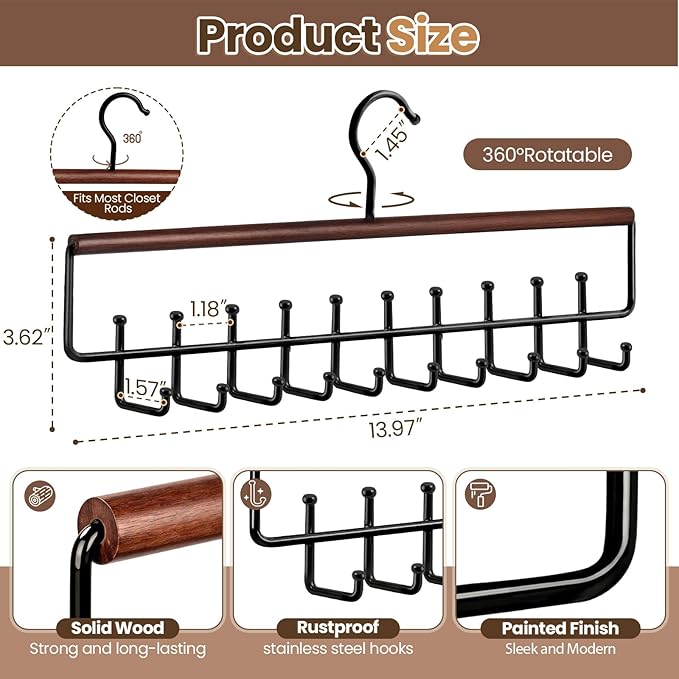 Tie Rack Hanger for Closet Upgraded 2-in-1 Tie and Belt Hanger Non Slip Tie Rack with 20 Hooks Tie Hanger Space Saving Wooden Belt Tie Organizer for Tank Tops Bras Cami Scarves, Walnut Color