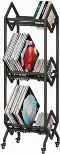 3 Tier Vinyl Record Storage Rack, Mobile Black Metal LP Storage Display Stand with Casters, Large Capacity Record Holder for Albums, Books, Magazines, and Office Files