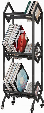 3 Tier Vinyl Record Storage Rack, Mobile Black Metal LP Storage Display Stand with Casters, Large Capacity Record Holder for Albums, Books, Magazines, and Office Files