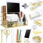 Office Desk Organizers, Gold 13PCS Office Supplies and Accessories Desk organizer, Acrylic Stapler, Staple Remover, Clips, Scissor, Phone Holder, Pen, Pen Holder