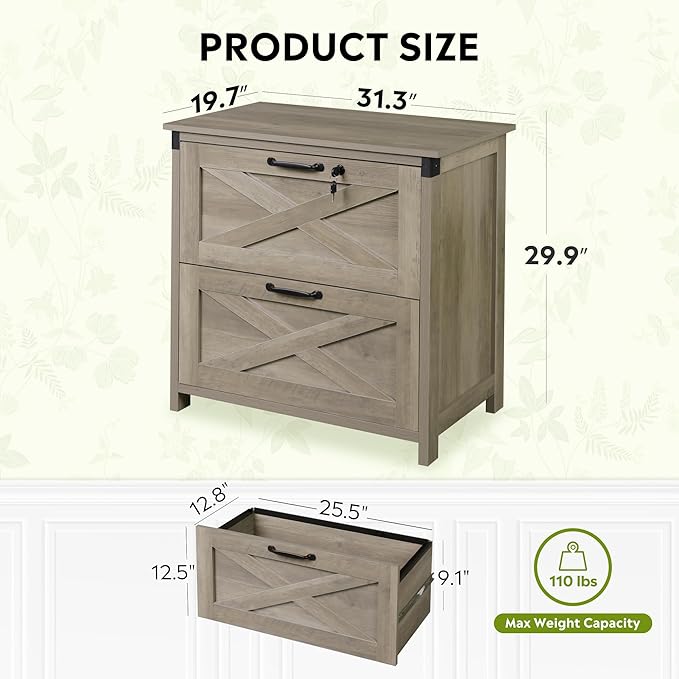 DEVAISE 2 Drawer Farmhouse File Cabinet with Lock, Lateral Filing Cabinet for Letter/Legal/A4 Size, Wood Printer Stand for Home Office, Gray Oak