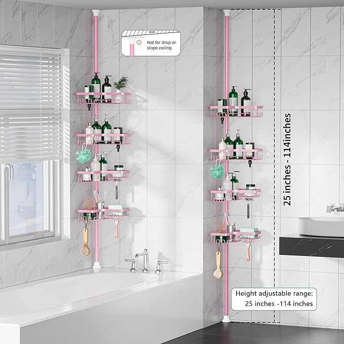 Corner Shower Caddy Tension Pole - Pink - Rustproof Adjustable Bathroom Organizer Shelf for Shampoo, 25–114.2 Inch Shower Rack for Renters, Apartments