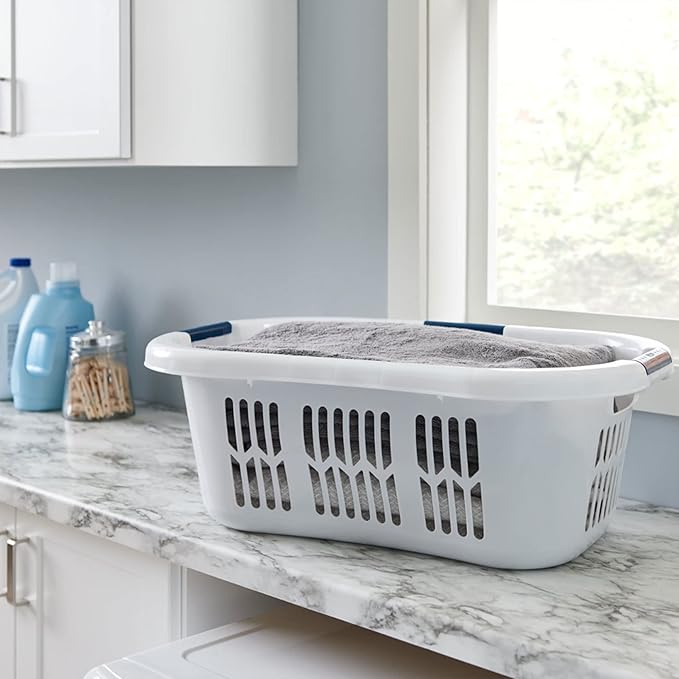 Rubbermaid 4 Pack Small Laundry Basket, 2.1 Bushel Bedroom Hamper, Hip-Hugger Plastic Clothing Bin with Carrying Handles, White