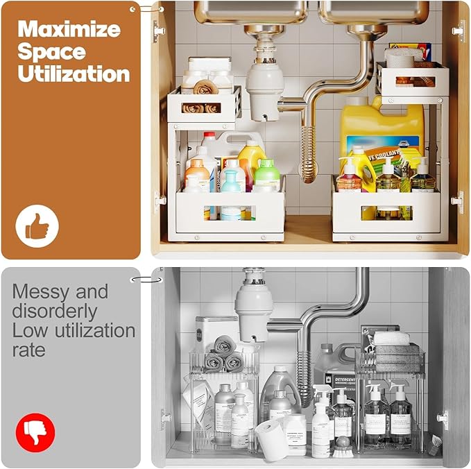 L-Shaped Metal Under Sink Organizer, 2-Tier Double Pull-Out Cabinet Organizer for Kitchen & Bathroom Storage, Height Adjustable, Smooth Cylinder Rail, White, 2 Packs