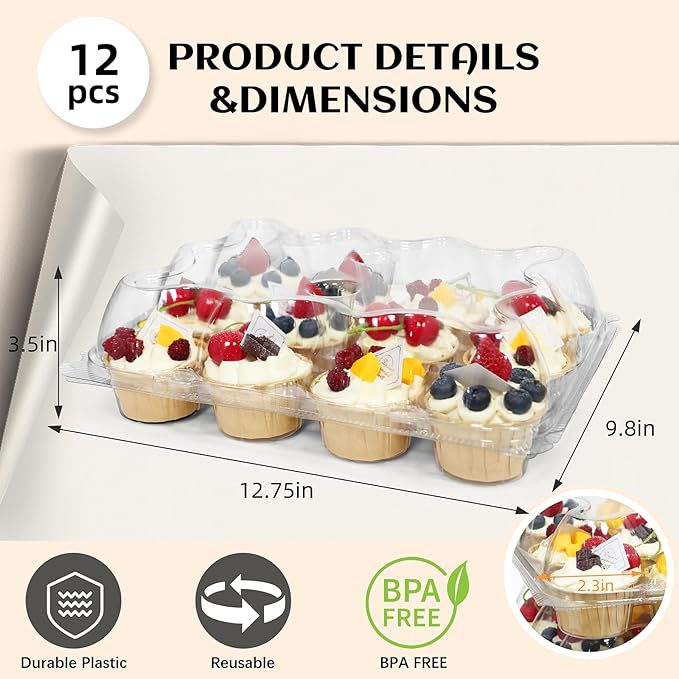 12 Count x 12 Sets Plastic Cupcake Containers, Durable and BPA-Free Cupcake Holder with Lid for Easy Transport Storage, Stackable Clear Cupcake Carriers, Reusable Dessert Boxes