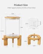 HBlife 5-7 Lbs Glass Rice Dispenser with Wooden Stand Flour and Cereal Container with Glass Measuring Cup Pantry Food Organization Storage Bin with Airtight Bamboo Lid, 3L (2 Pack)