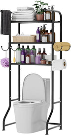 3-Tier Over The Toilet Storage Shelf，Bathroom Organizers and Storage Over Toilet，Metal Bathroom Space Saver with 2 Bars，1 Paper Holder and 4 Hooks,Black