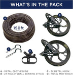 Strata Aged Bronze Harmony Clothesline Outdoor Heavy Duty Kit - 150 Feet Galvanized Wire PVC Coating, 6.5" Aged Bronze Clothes line Pulley 2pcs, Metal Mini Winch Tightener 1pc & 2 Metal Hooks