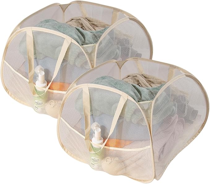 Collapsible Laundry Basket 90L, Foldable Mesh Pop-up Laundry Hamper with Handles, Dirty Clothes Hamper for Laundry with Side Storage Pocket(Beige, 2PCS)