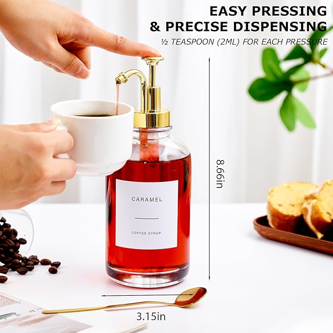 Coffee Syrup Dispenser for Bar, Glass Syrup Bottle with Pump, Coffee Pump Dispenser Bottle, Spoon for Station,16.9 oz, 500 ml