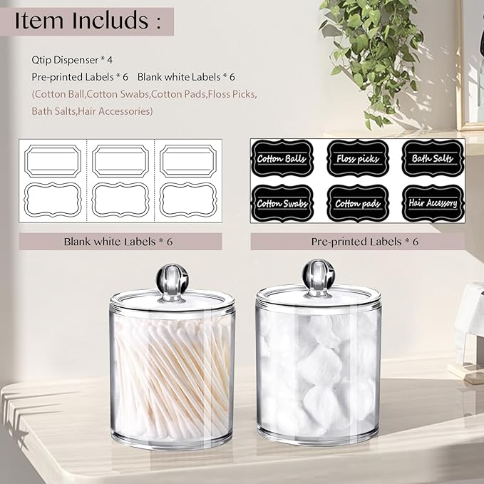 SheeChung 2 Pack(10oz&12oz) Clear Acrylic Qtip Holder Dispenser - Shatterproof Plastic Apothecary Jars for Bathroom Organization - Vanity Storage Canisters for Cotton Swabs,Balls,Pads,Q-Tips