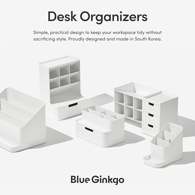 BLUE GINKGO Compact Desk Organizer – Small 5-Compartment, Half Drawer Storage – Pen Holder, Stationery Organizer for Desktop, Vanity, Shelf (Made in Korea, White)