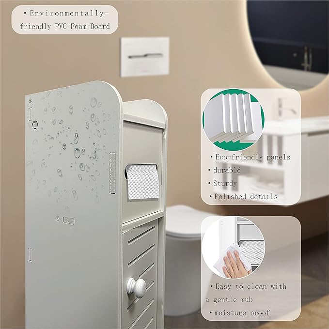 Small Bathroom Storage Cabinet, Slim Toilet Paper Organizer with 2 Doors & Shelves, Over Toilet Storage Cabinet for Skinny Bathroom Space Corner - White