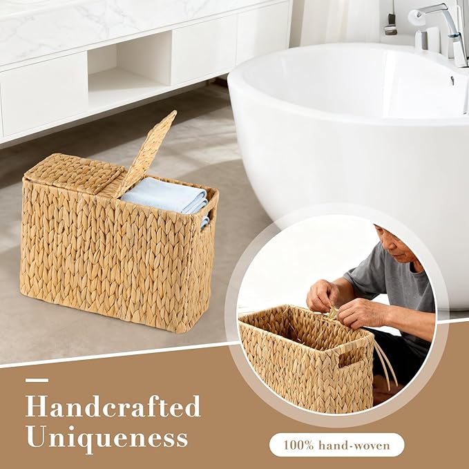 Toilet Paper Storage Basket with Lid, Water Hyacinth Toilet Paper Holder, Wicker Organizer Basket for 6 Mega Rolls, Decor Storage for Home, Bathroom, Living Room