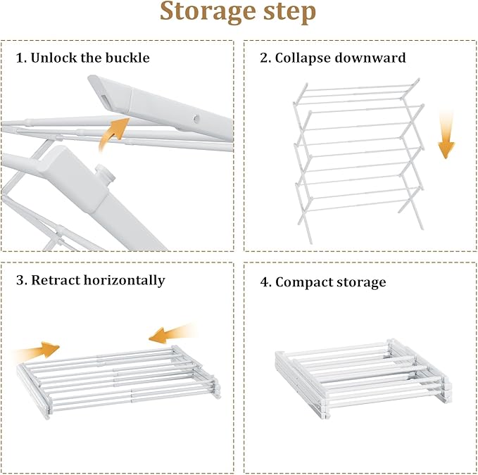 Foldable Drying Rack Clothing, 3-Tier Portable Clothes Drying Racks for Indoor & Outdoor, Anti-rust Compact Laundry Rack Collapsible, Compact Size, 15 lbs Max Load, White 28"D x 10"W x 35"H