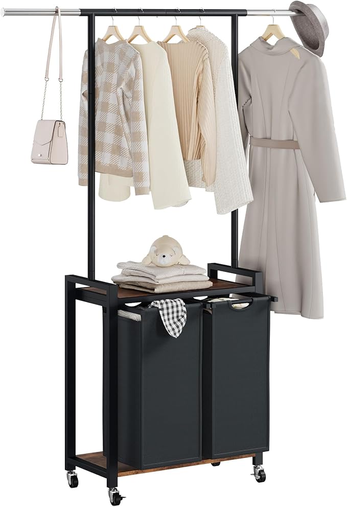 IDEALHOUSE Laundry Sorter 2 Section with Hanging Rack,Rolling Laundry Sorter Hamper with Shelf & Lockable Wheels,Laundry Basket Organizer for Laundry Room, Bedroom, Bathroom