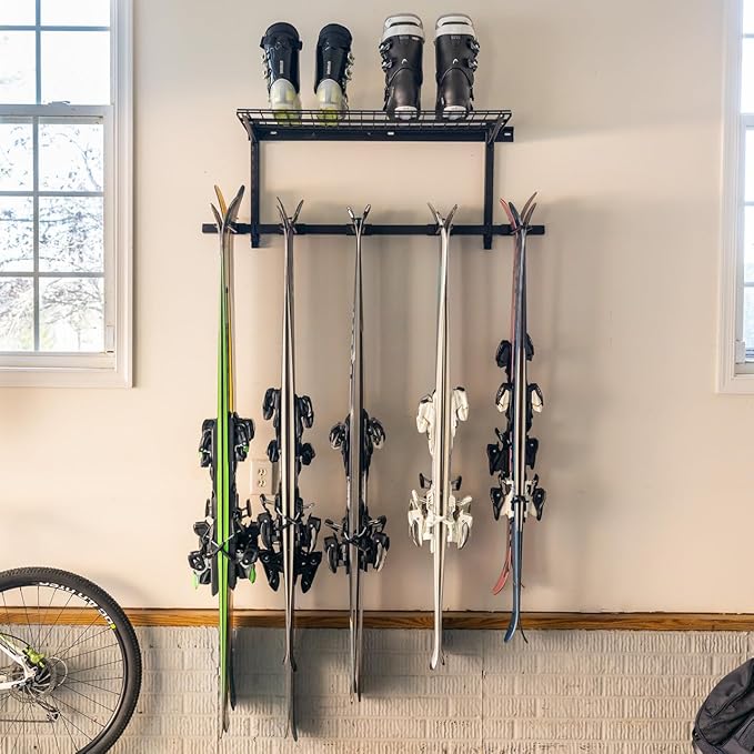 StoreYourBoard Solitude Ski Wired Storage Rack and Shelf, Wall Mount Organizer Holds 10 Pairs of Skis and Accessories, Heavy Duty Supports 300 lbs