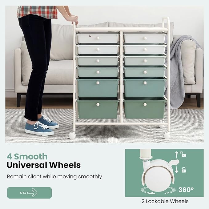 Giantex 12 Drawers Rolling Storage Cart, Classroom Organizers with Wheels for Tools Scrapbook Craft Paper Teacher Office School Supplies, Green Gradient