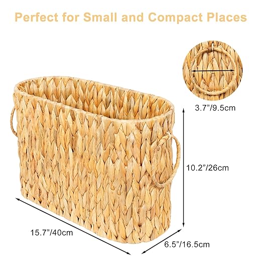 Large Toilet Paper Storage Basket, Wicker Toilet Paper Holder Basket for Bathroom, Natural Water Hyacinth Narrow Basket, Slim Toilet Paper Basket for 6 Mega Rolls, Magazines & Towels