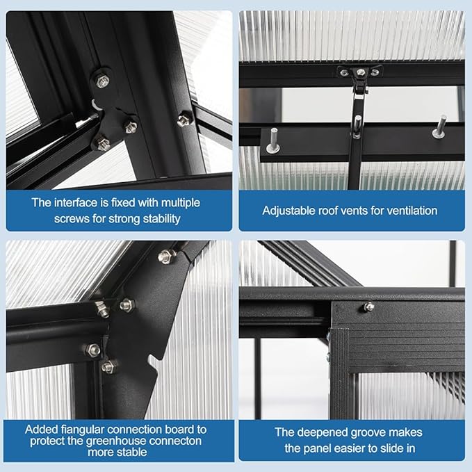 Double Sliding Door Polycarbonate Greenhouse with Rain Gutter and Roof Vent, Raised Base and Anchor Aluminum Heavy Duty Walk-in Green House, Outdoor Patio Sunroom (Black, 121.25*94.5*89.5in)