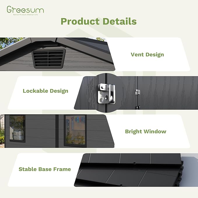 Greesum 6x8FT Plastic Outdoor Storage Shed with Floor, Resin Sheds with Lockable Double Door, Tool Sheds with Window and Vents, for Garden, Backyard, Patio, Dark Gray
