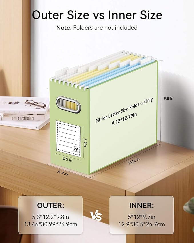 Oterri File Organizer Box, Portable Collapsible Cardboard File Folder Organizer with Handle for Letter Size Hanging Files, Document Storage Box for Home Office & Classroom (2 Packs, Green)