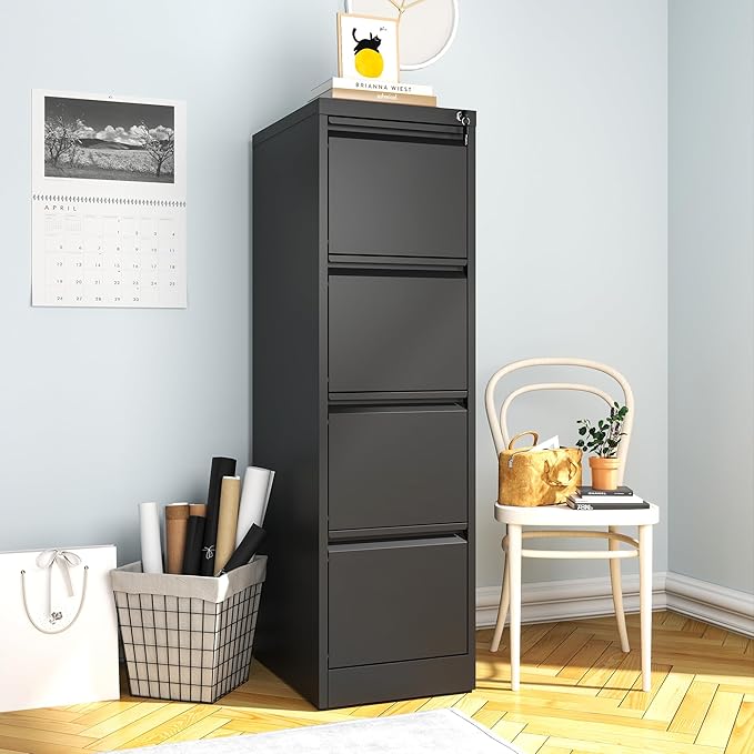 File Cabinet 4 Drawer with Lock, Vertical Filing Cabinets for Home Office, Metal Steel Storage Cabinet for Letter/Legal Size File, Assembly Required(Black)