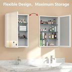 26 x 32 inch, Bathroom Medicine Cabinet, Double Mirror Doors, Bathroom Recessed Cabinet, Platstic Framed with Double Doors Wall Cabinet, Removable Glass Shelves, Recessed or Surface Mount