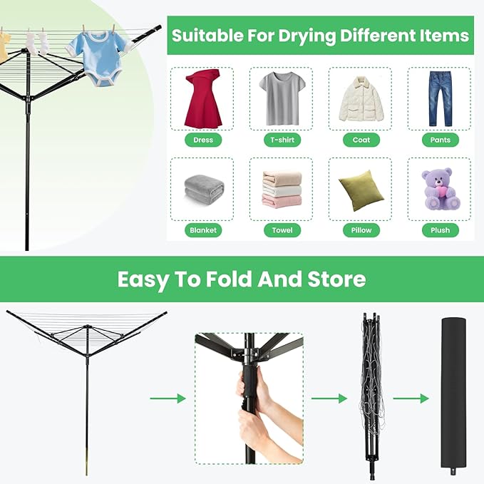 Outdoor Umbrella Drying Rack, 4-Aluminum Arms Folding Rotary Dryer with 12 Lines 165 ft Drying Space Adjustable Height Clothesline w/Waterproof Cover & Ground Spike for Garden Backyard(Black)