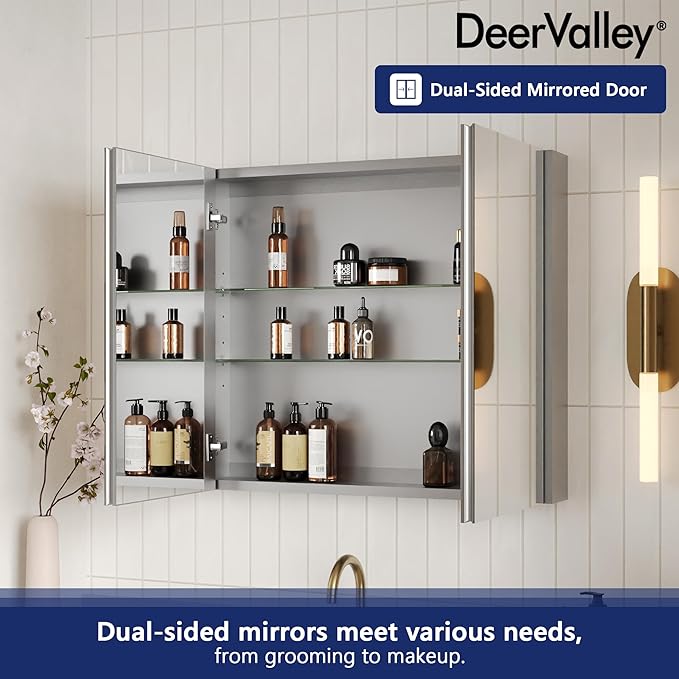 DeerValley Medicine Cabinet with Mirror, 30" W x 26" H Bathroom Mirror with Storage, Frameless Modern Wall Mount Mirrored Medicine Cabinets with Adjustable Shelf