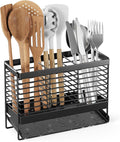 Utensil Holder, Upgrade Stainless Steel Utensil Drying Rack with Automatic Drain Tray for Kitchen Counter, Silverware Cutlery Organizer for Spoons, Forks, Knifes, Chopsticks (Black)