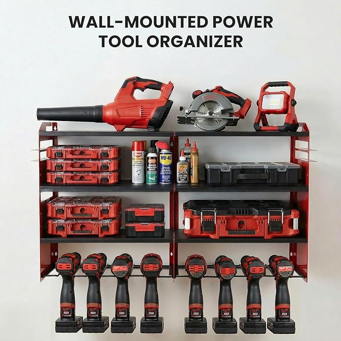 4-Tier Heavy Duty Power Tool Organizer, 600lbs Capacity Reinforced Steel Drill Rack with Side Accessory Mounting Studs, High-Visibility Wall Mount Storage, Red