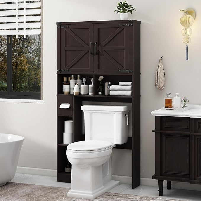 Vabches Over The Toilet Storage Cabinet, Farmhouse Storage Cabinet Over Toilet with 2 Barn Doors & Toilet Paper Holder Stand，Home Space-Saving Toilet Rack, for Laundry, Restroom, Bathroom.Walnut