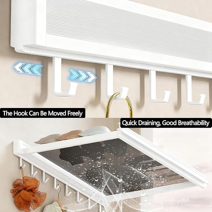 LETINE Wall Mounted Drying Rack: Retractable Indoor Clothes Drying Rack – Aluminum Alloy Frame w/Soft Mesh Surface. Laundry Rack & Temp Shelf for Balcony, Bathroom, Kitchen. with 8 Hooks (White, L)