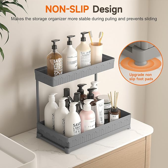 3 Pack Multi-Purpose Under Sink Organizers and Storage, 2026 L-Shaped Pull Out Cabinet Organizer for Bathroom & Kitchen, Under Cabinet Organizer with Hooks Hanging Cup (Grey, 12.85 inch)