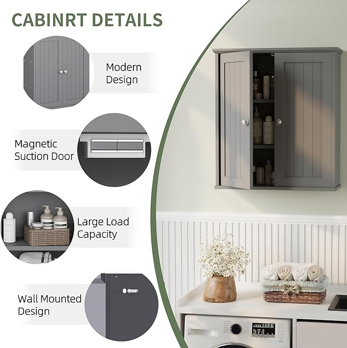 Meilocar Bathroom Wall Cabinet, Bathroom Cabinet Wall Mount, Over Toilet Space Saver Storage Cabinets Wall Mounted, Wood Medicine Cabinets with Doors, Grey