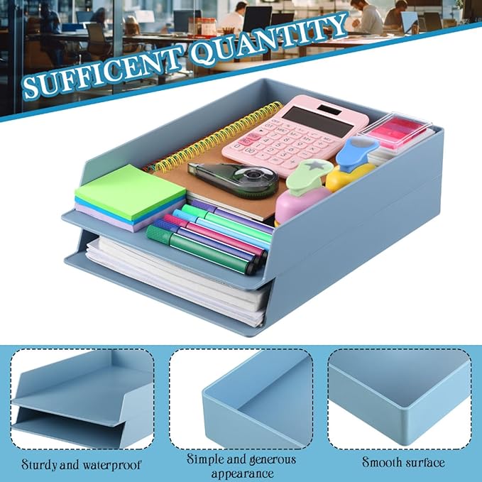 TecUnite 2 Pieces Stackable Letter Trays Blue Rectangular Stackable Office Letter Size Plastic Organizer Desk Tray for Desk Plastic Stacking Support for File Storage Office Classroom