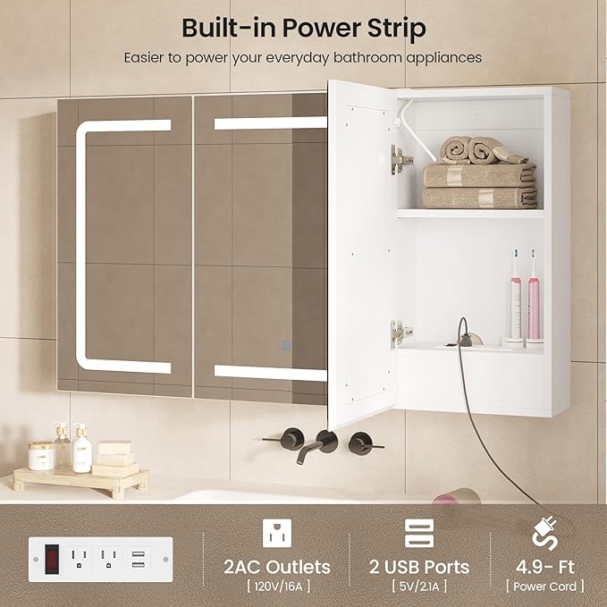 Hasuit Medicine Cabinet Organizer with Mirror, Lighted Bathroom Medicine Cabinet with Storage, 3 Doors Bathroom Wall Cabinet with LED Lights, Adjustable Shelves & Outlets, 39.4'' x 23.6'', White