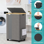 BlissTotes Laundry Basket Laundry Hamper with Lid, Collapsible Slim Laundry Hampers, Laundry Bin, Clothes Hamper Basket with Internal Support & Wheels & Handles for Bathroom, Bedroom (75L, Khaki)