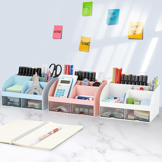 Office Desk Organizer with Drawers for Desktop/Tabletop/Counter, Desk Top Accessories Stationary Organizer Desk Caddy, Pen/Pencil/Business Card/Sticky Note Tray/Paperclip Holder Storage Box (Pink)