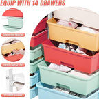 Rolling Storage Cart with 14 Drawers, Storage Organizer Cart with Tabletop and Pegboard,Utility Cart for Living Room, Classroom, Bedroom,Bathroom,Dorm,Office (Rainbow)