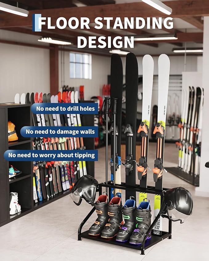 TrailBlaze Freestanding Steel Ski & Snowboard Storage Rack for 4 Skis – Heavy Duty Organizer for Boots, Poles, Helmets, Goggles – Ideal Garage, Basement, Entryway Winter Sports Gear Holder