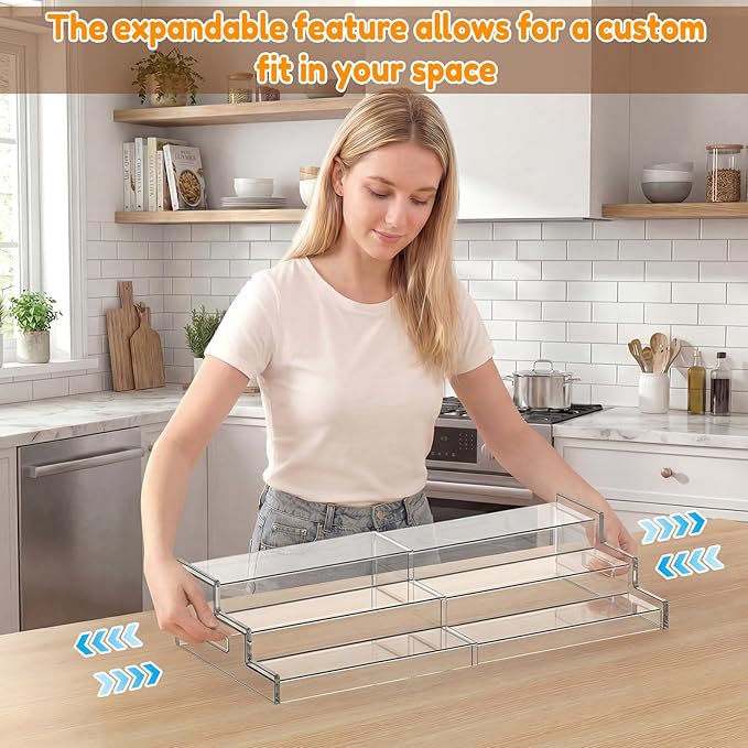 Expandable Can Rack Organizer for Pantry, 3-Tier Adjustable Acrylic Can Storage Holder, Holds Up to 24 Cans, Canned Food Organizer for Cabinet, Countertop, Kitchen