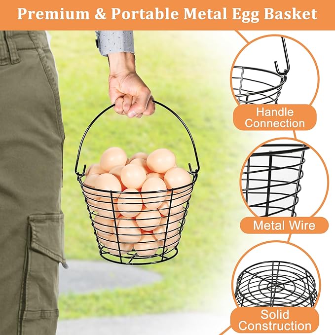 3 PCS 8" Black Round Wire Egg Baskets With Handle, Small Metal Egg Collecting Basket for Gathering Fresh Eggs, Chicken and Duck Eggs Hunting Basket Egg Holder Countertop