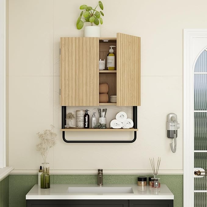 RUSTOWN Fluted Bathroom Wall Cabinet with 2 Doors, 3-Tier Modern Farmhouse Medicine Cabinet, Over The Toilet Storage Cabinet with Adjustable Shelf and Towel Bar (Natural, Medium)