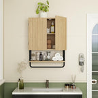 RUSTOWN Fluted Bathroom Wall Cabinet with 2 Doors, 3-Tier Modern Farmhouse Medicine Cabinet, Over The Toilet Storage Cabinet with Adjustable Shelf and Towel Bar (Natural, Medium)
