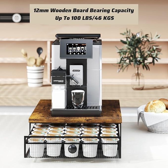 Coffee Pod Holder Counter Coffee Vertuo Capsules Storage Organizer with Sliding Drawer Compatible For 35 K-Cup Pods No Assembly Needed Rustic Brown