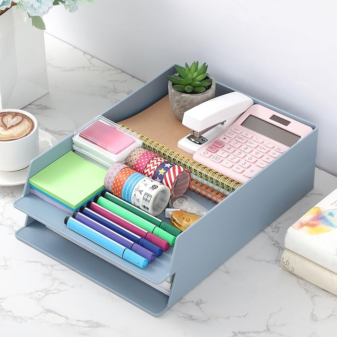 TecUnite 2 Pieces Stackable Letter Trays Blue Rectangular Stackable Office Letter Size Plastic Organizer Desk Tray for Desk Plastic Stacking Support for File Storage Office Classroom